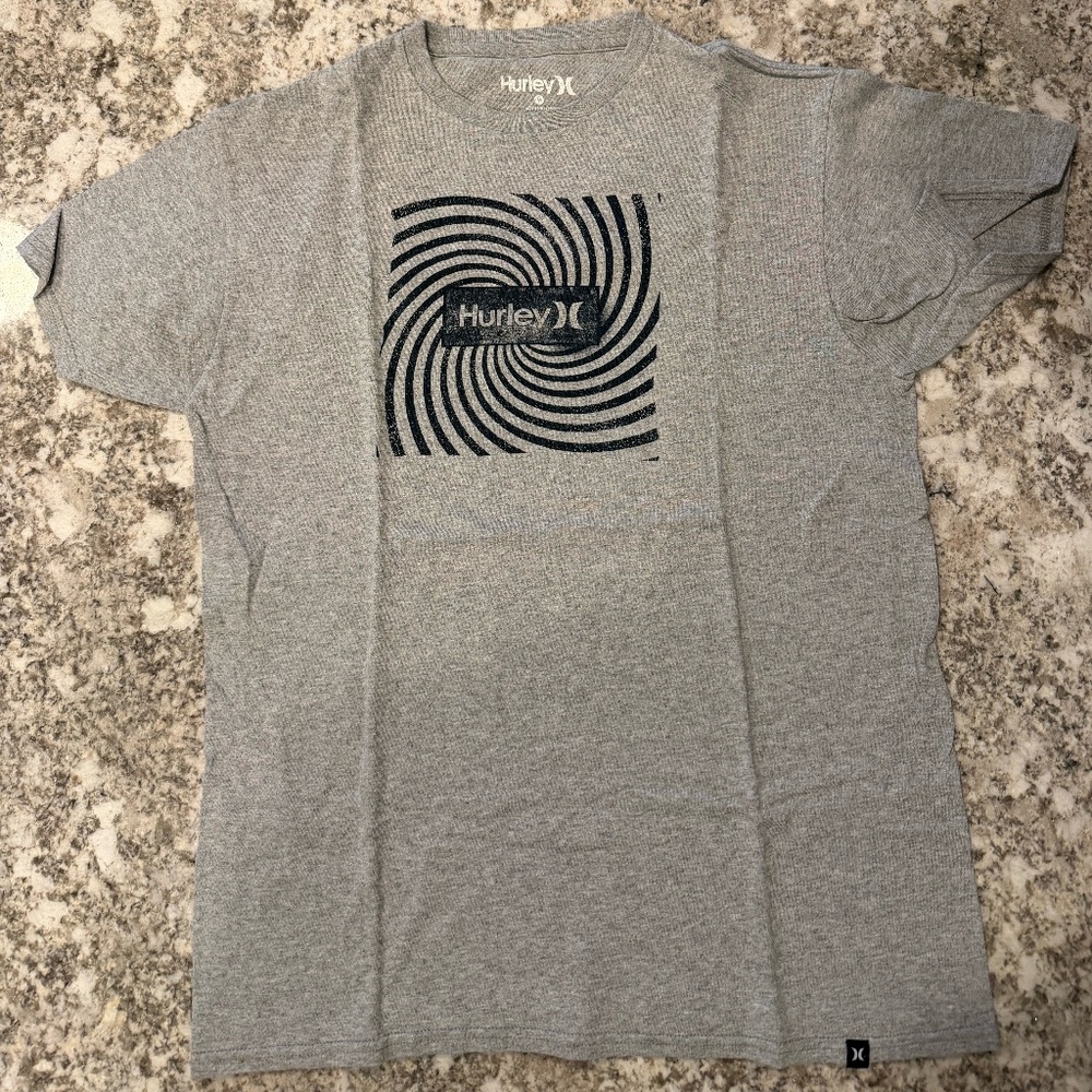 Hurley Gray Graphic T-Shirt Size Medium – Logo Swirl Design Casual Tee